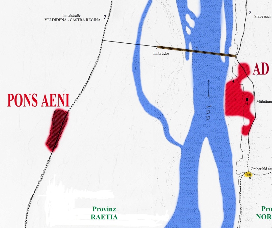 Das römische Siedlungsareal von PONS AENI - Pfaffenhofen, nördlich von Rosenheim, nach den derzeitigen archäologischen Erkenntnissen.