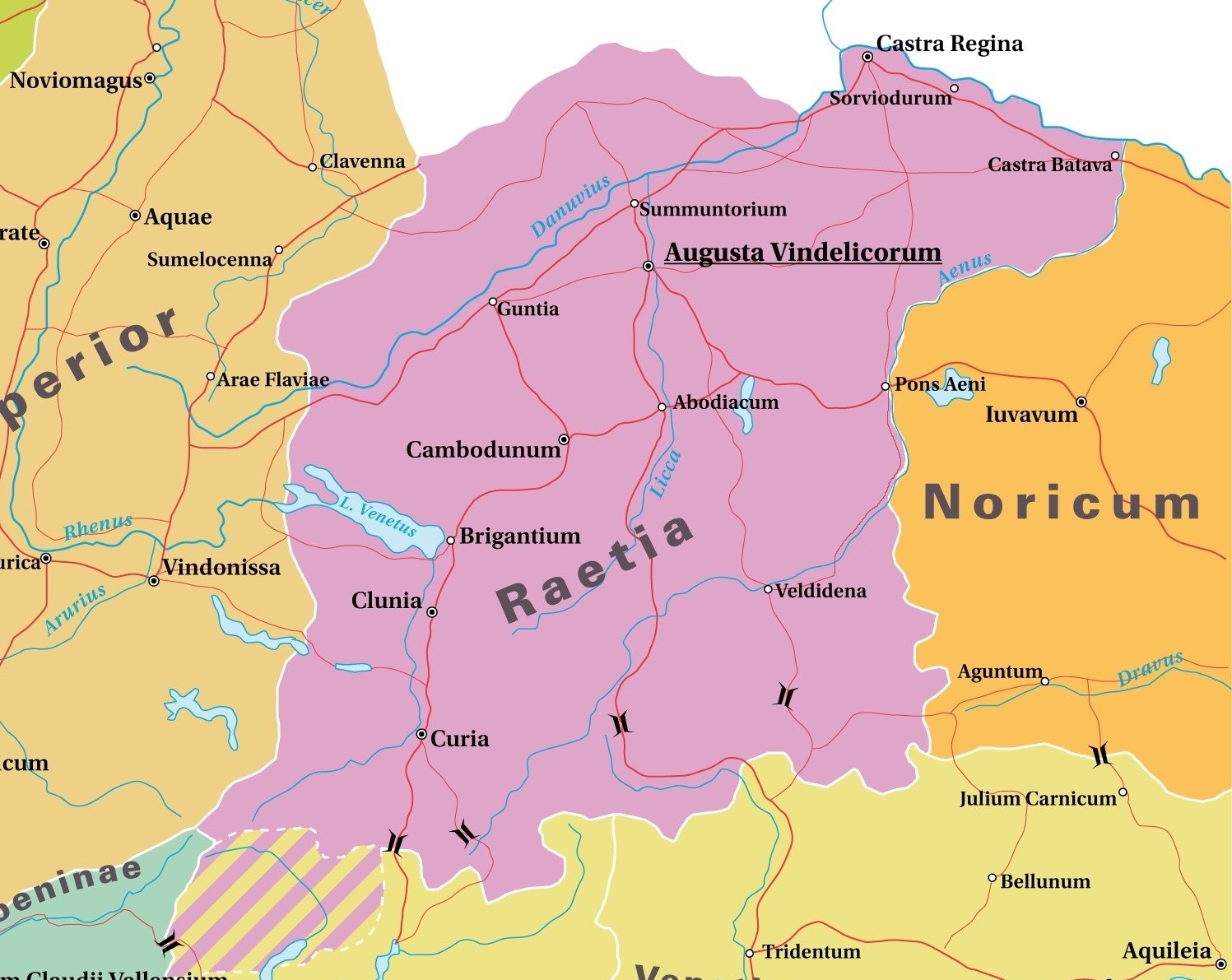 Landkarte mit den Provinzen Raetien und Noricum